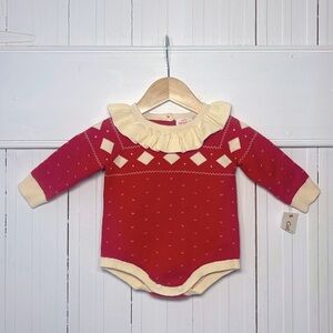 NWT Girls Red Ivory Knit Ruffle Collar Sweater Romper Bubble
